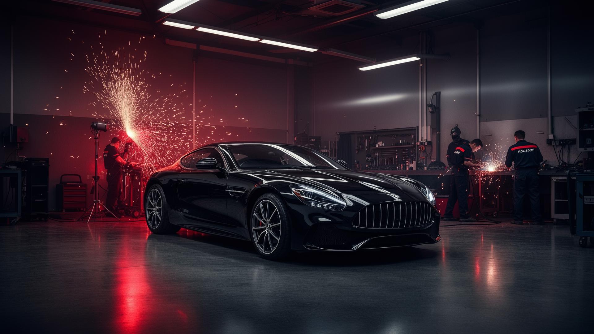 Premium auto body workshop with luxury car